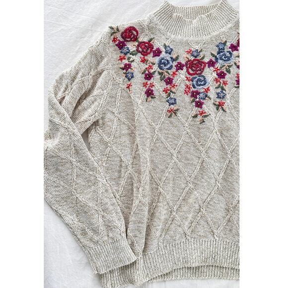 Vintage Alfred Dunner Floral Flower Embroidered Grandma Knit Sweater Top petite - Picture 4 of 5